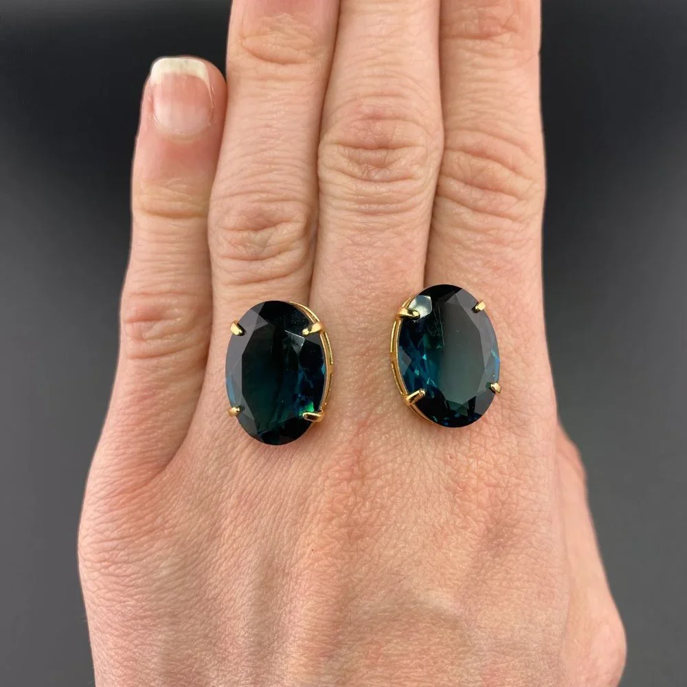 Classic Oval Reconstituted London Blue Topaz 18k Gold Plated Studds - Picture 2 of 3